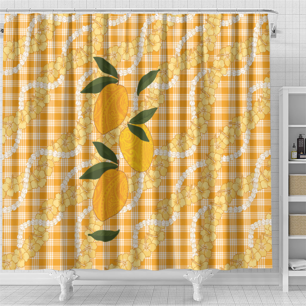 Alani Hawaiian Mango Palaka Shower Curtain Aloha Hibiscus Pikake Lei