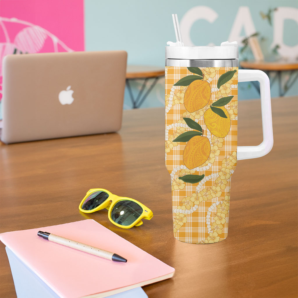 Alani Hawaiian Mango Palaka Tumbler With Handle Aloha Hibiscus Pikake Lei
