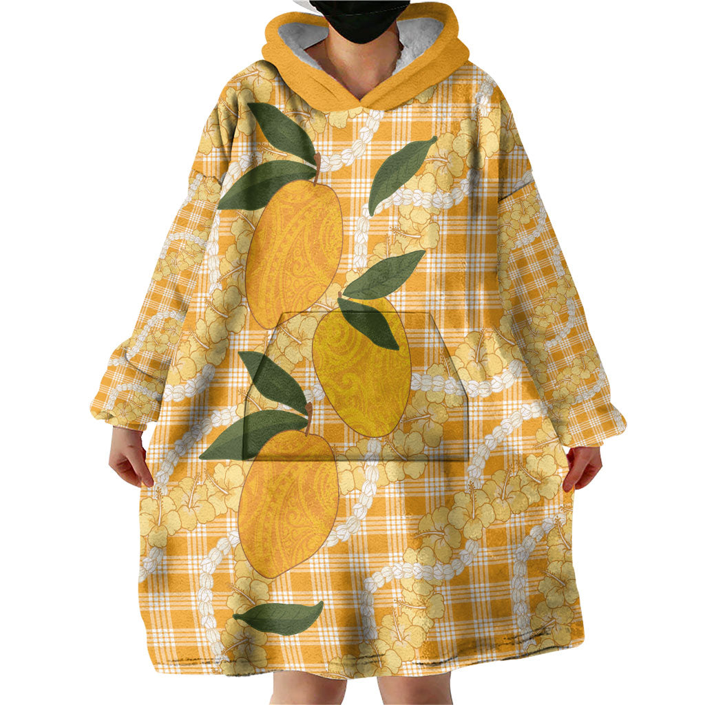 Alani Hawaiian Mango Palaka Wearable Blanket Hoodie Aloha Hibiscus Pikake Lei