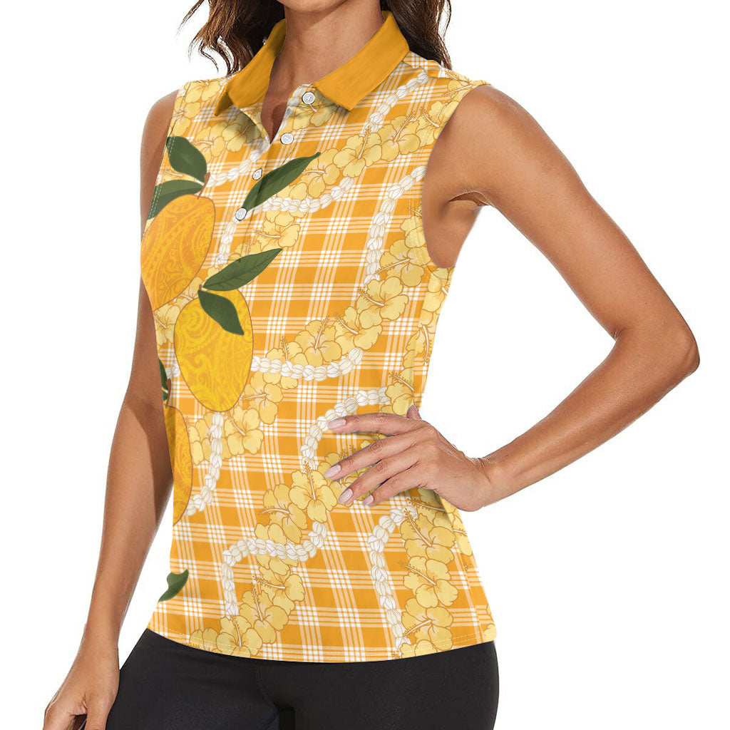 Alani Hawaiian Mango Palaka Women Sleeveless Polo Shirt Aloha Hibiscus Pikake Lei