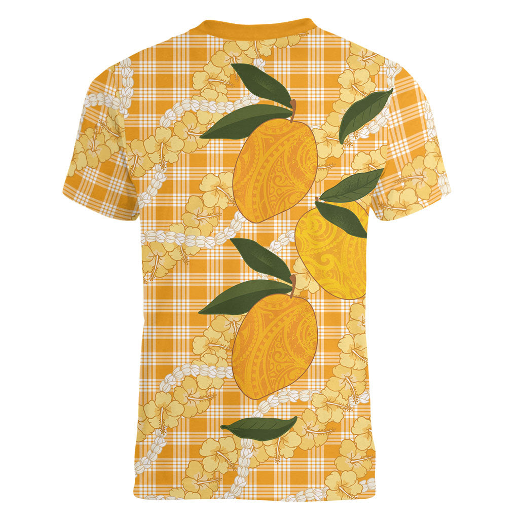 Alani Hawaiian Mango Palaka Women V-Neck T-Shirt Aloha Hibiscus Pikake Lei