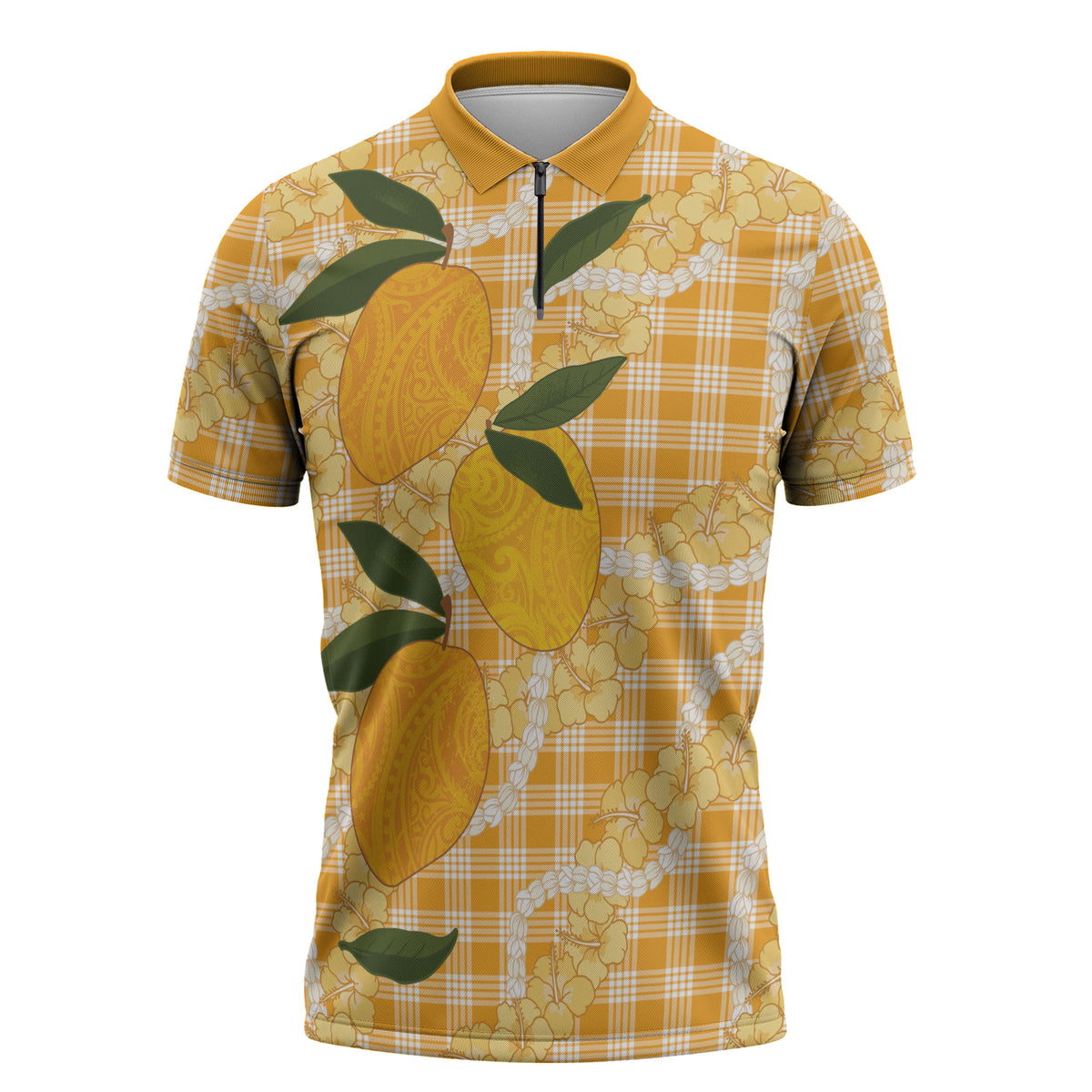 Alani Hawaiian Mango Palaka Zipper Polo Shirt Aloha Hibiscus Pikake Lei