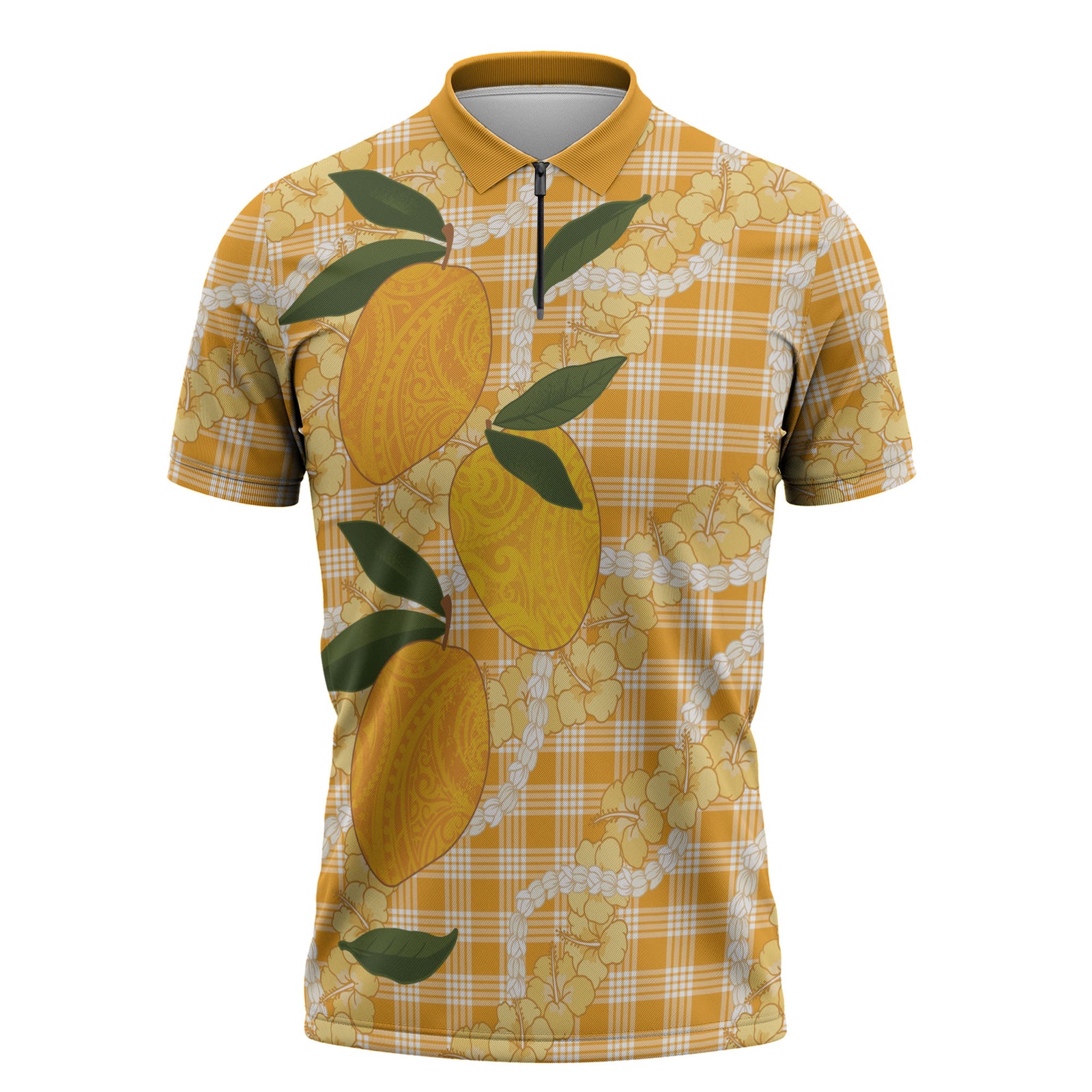 Alani Hawaiian Mango Palaka Zipper Polo Shirt Aloha Hibiscus Pikake Lei
