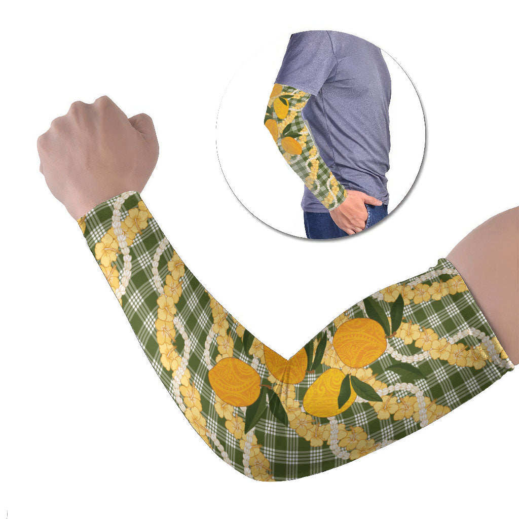 Uliuli Ahiahia Hawaiian Mango Palaka Arm Sleeves Aloha Hibiscus Pikake Lei