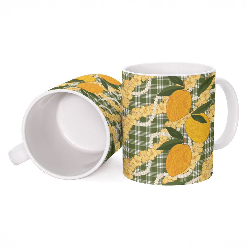 Uliuli Ahiahia Hawaiian Mango Palaka Ceramic Mug Aloha Hibiscus Pikake Lei