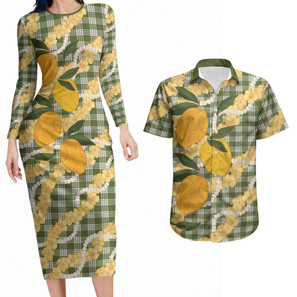 Uliuli Ahiahia Hawaiian Mango Palaka Couples Matching Long Sleeve Bodycon Dress and Hawaiian Shirt Aloha Hibiscus Pikake Lei