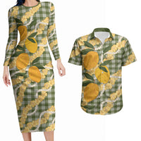 Uliuli Ahiahia Hawaiian Mango Palaka Couples Matching Long Sleeve Bodycon Dress and Hawaiian Shirt Aloha Hibiscus Pikake Lei