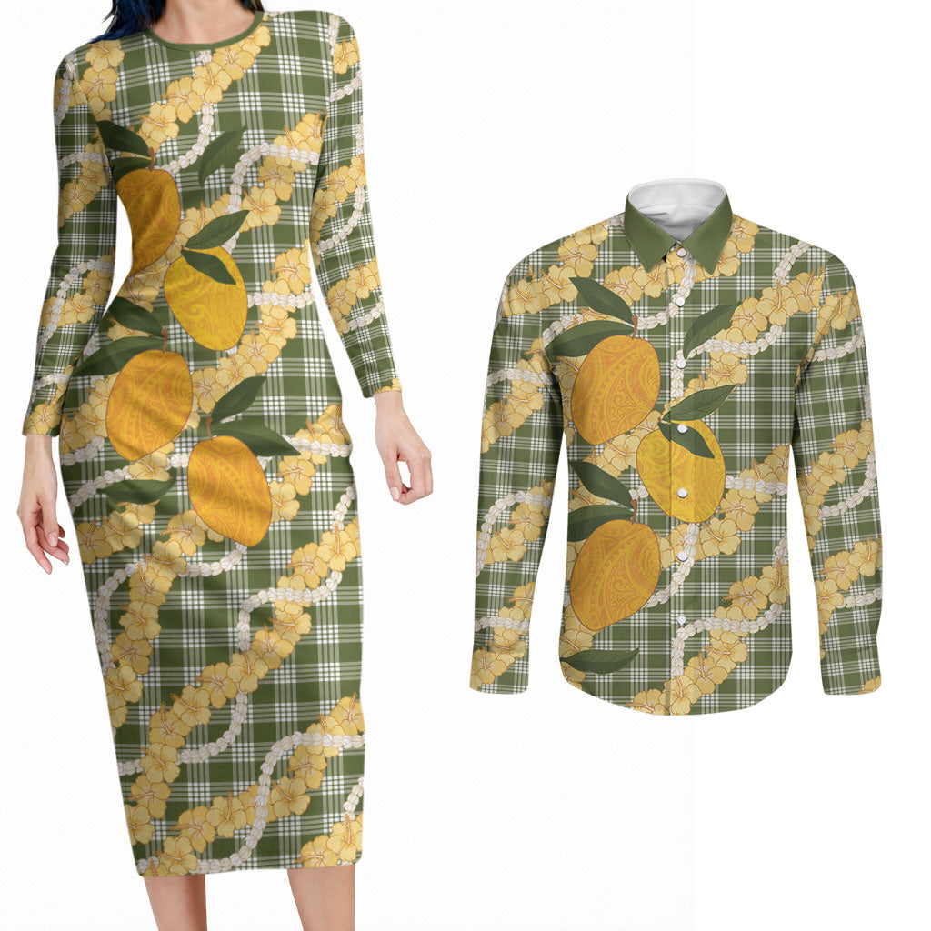 Uliuli Ahiahia Hawaiian Mango Palaka Couples Matching Long Sleeve Bodycon Dress and Long Sleeve Button Shirt Aloha Hibiscus Pikake Lei