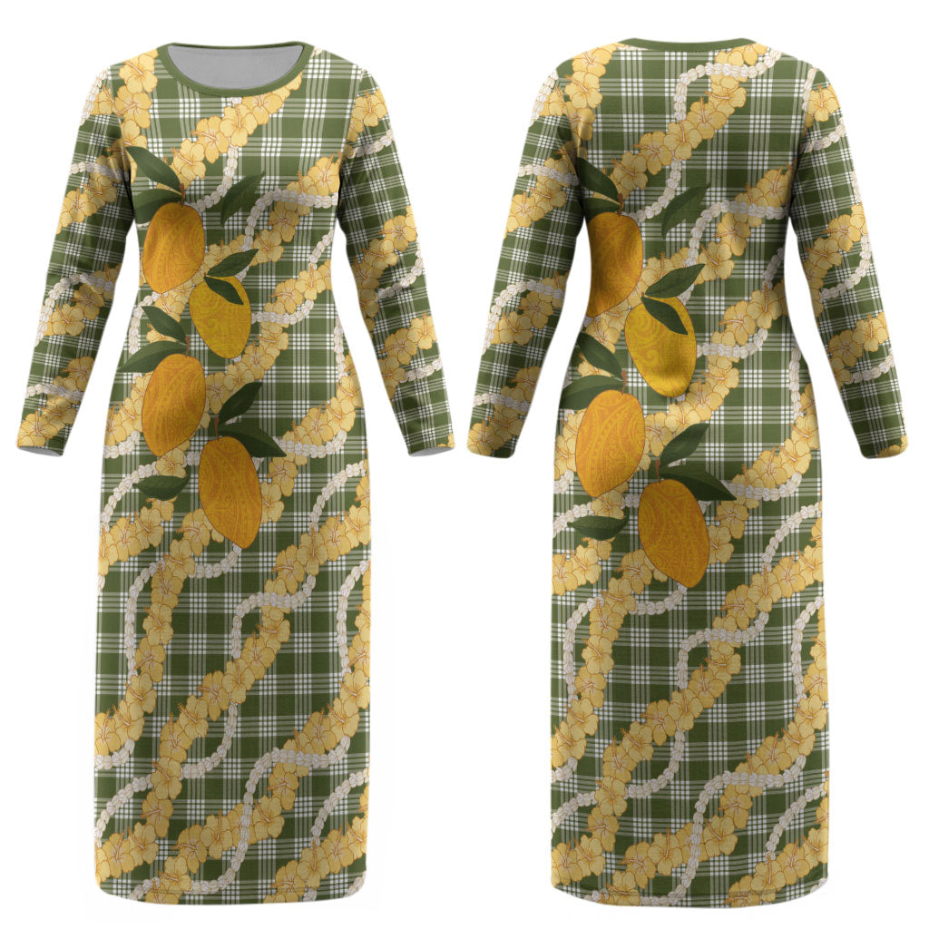 Uliuli Ahiahia Hawaiian Mango Palaka Couples Matching Long Sleeve Bodycon Dress and Long Sleeve Button Shirt Aloha Hibiscus Pikake Lei
