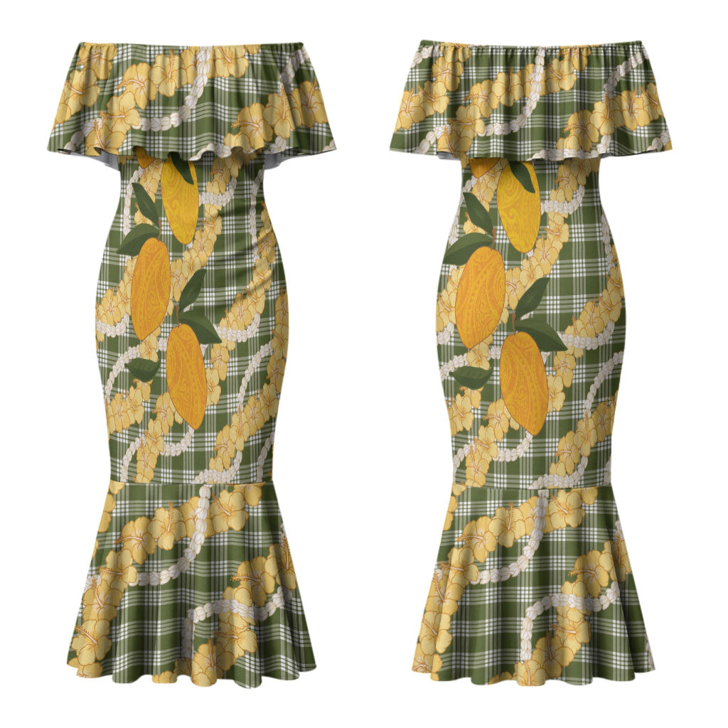 Uliuli Ahiahia Hawaiian Mango Palaka Couples Matching Mermaid Dress and Hawaiian Shirt Aloha Hibiscus Pikake Lei