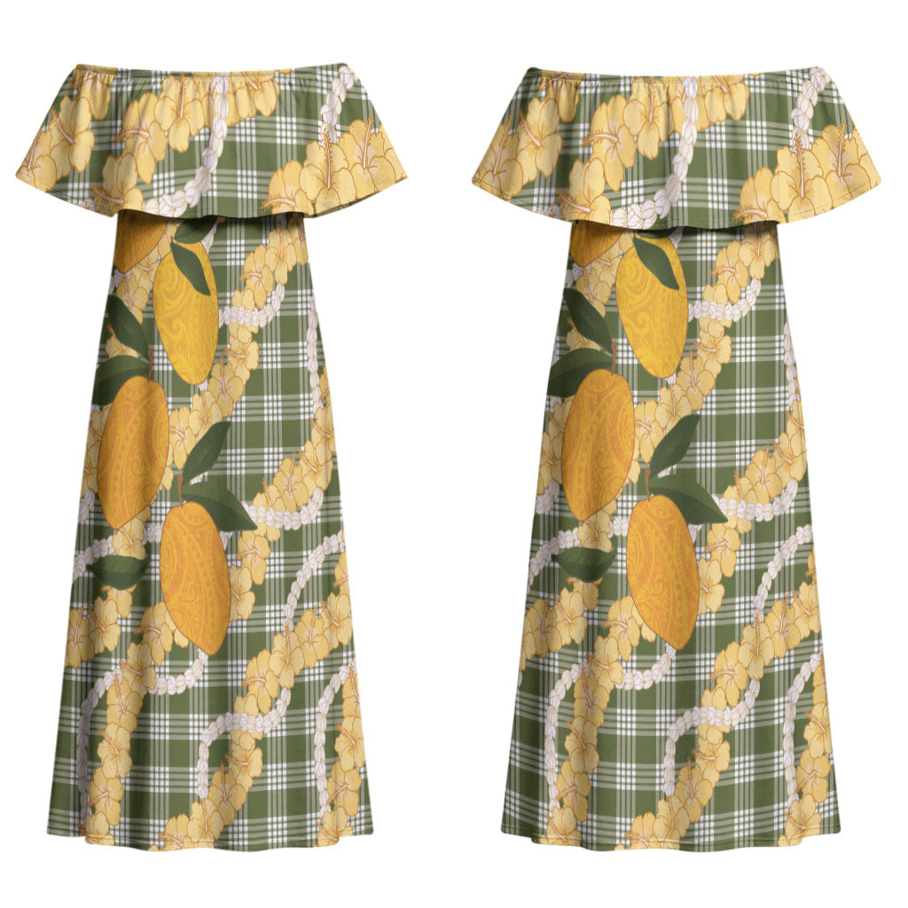 Uliuli Ahiahia Hawaiian Mango Palaka Couples Matching Off Shoulder Maxi Dress and Hawaiian Shirt Aloha Hibiscus Pikake Lei