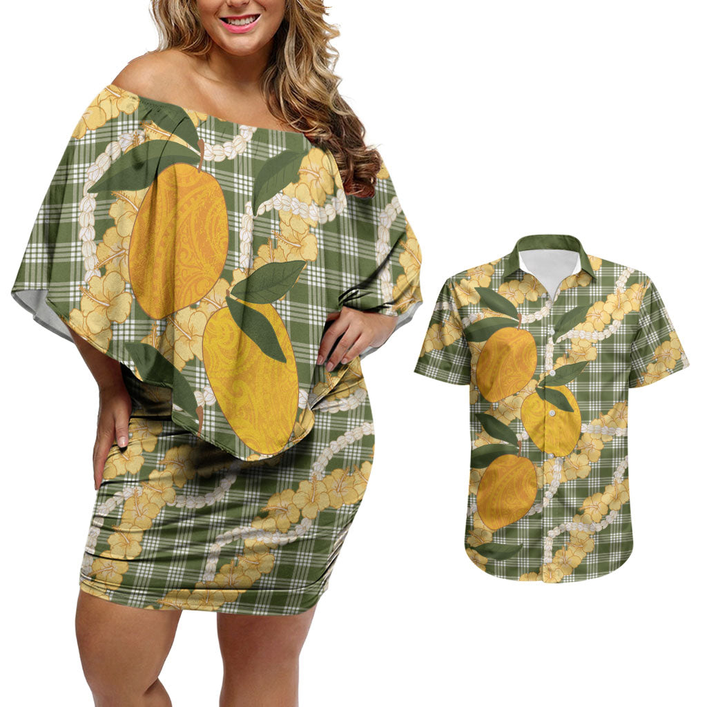Uliuli Ahiahia Hawaiian Mango Palaka Couples Matching Off Shoulder Short Dress and Hawaiian Shirt Aloha Hibiscus Pikake Lei