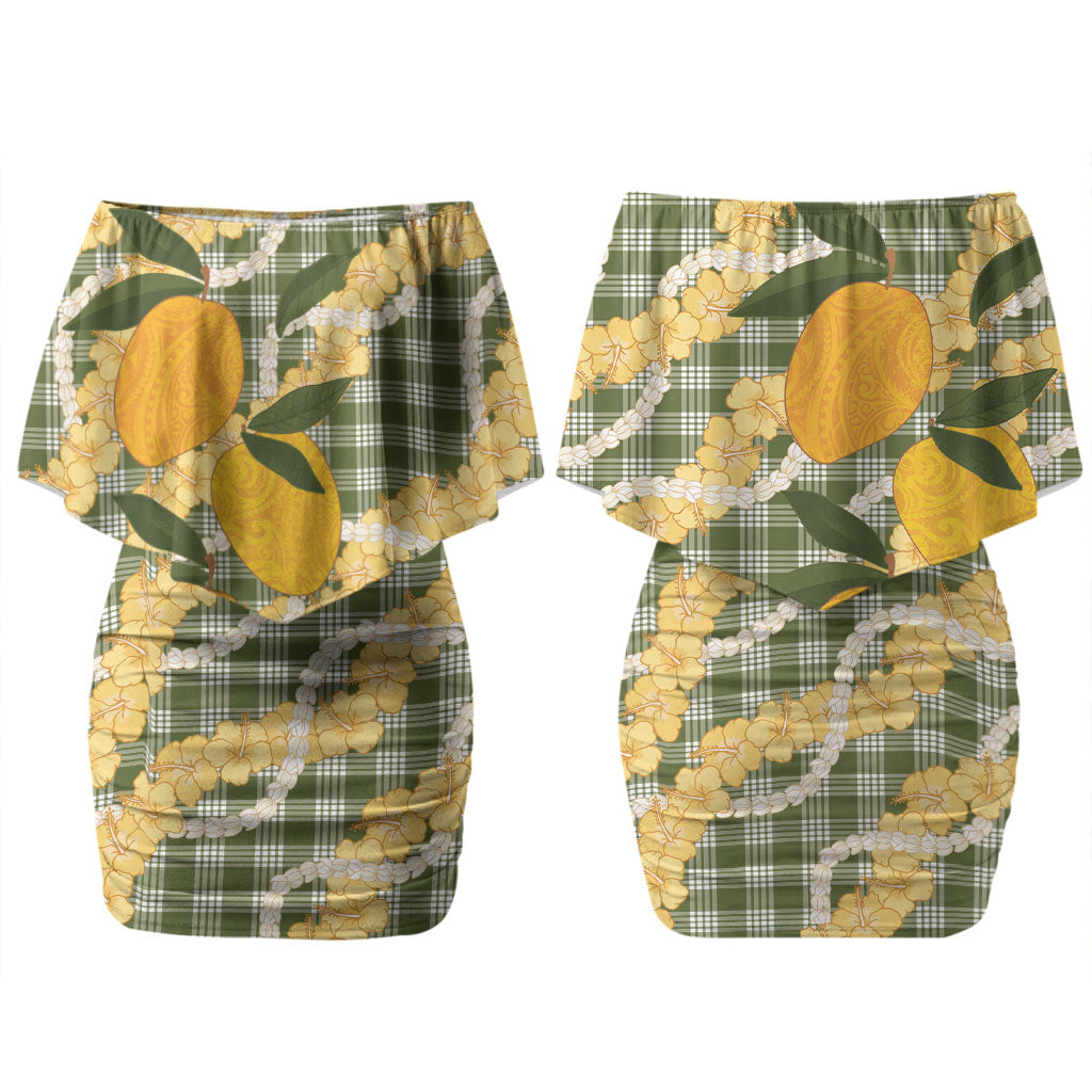 Uliuli Ahiahia Hawaiian Mango Palaka Couples Matching Off Shoulder Short Dress and Long Sleeve Button Shirt Aloha Hibiscus Pikake Lei