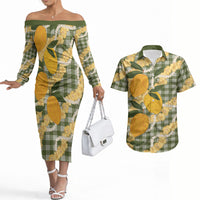 Uliuli Ahiahia Hawaiian Mango Palaka Couples Matching Off The Shoulder Long Sleeve Dress and Hawaiian Shirt Aloha Hibiscus Pikake Lei