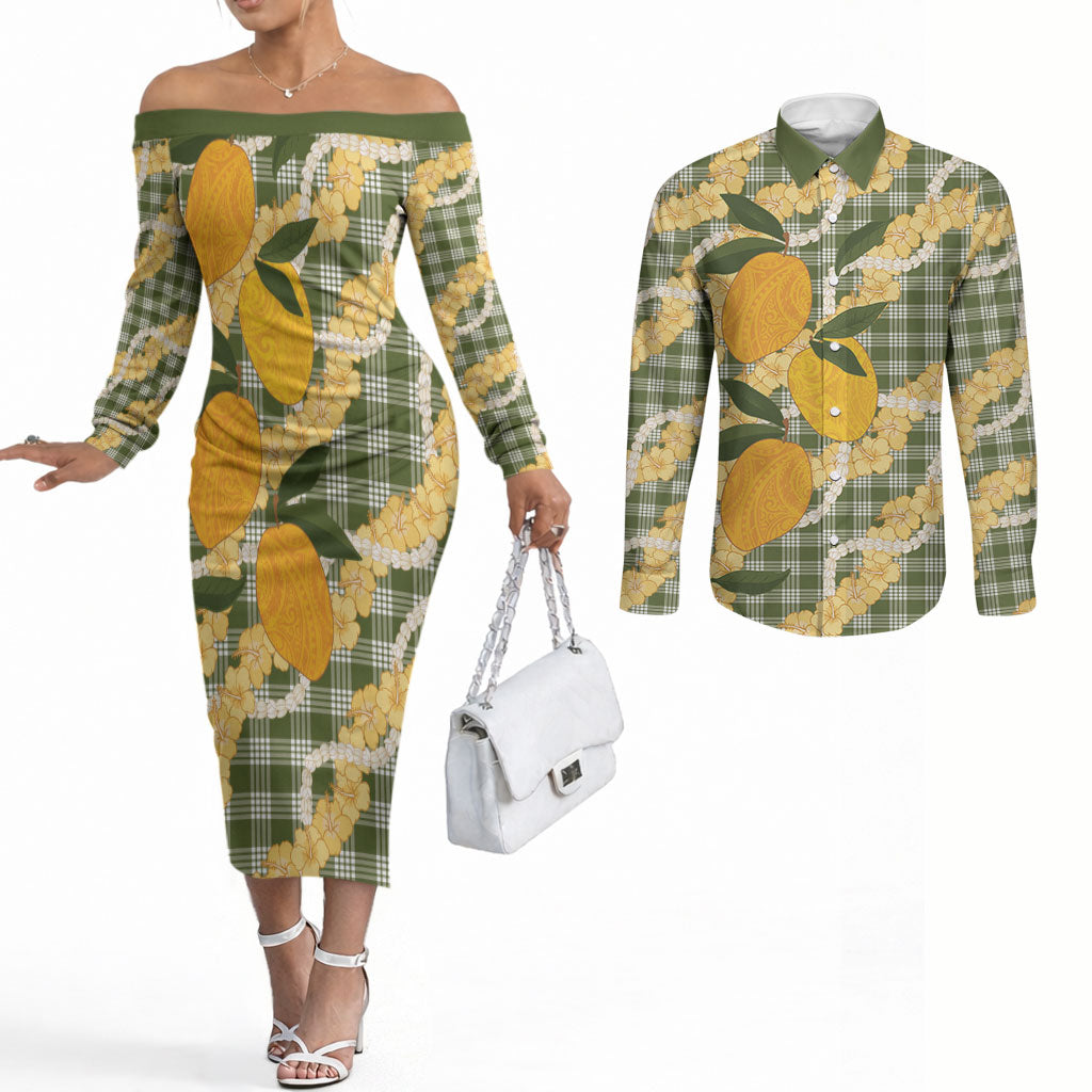 Uliuli Ahiahia Hawaiian Mango Palaka Couples Matching Off The Shoulder Long Sleeve Dress and Long Sleeve Button Shirt Aloha Hibiscus Pikake Lei