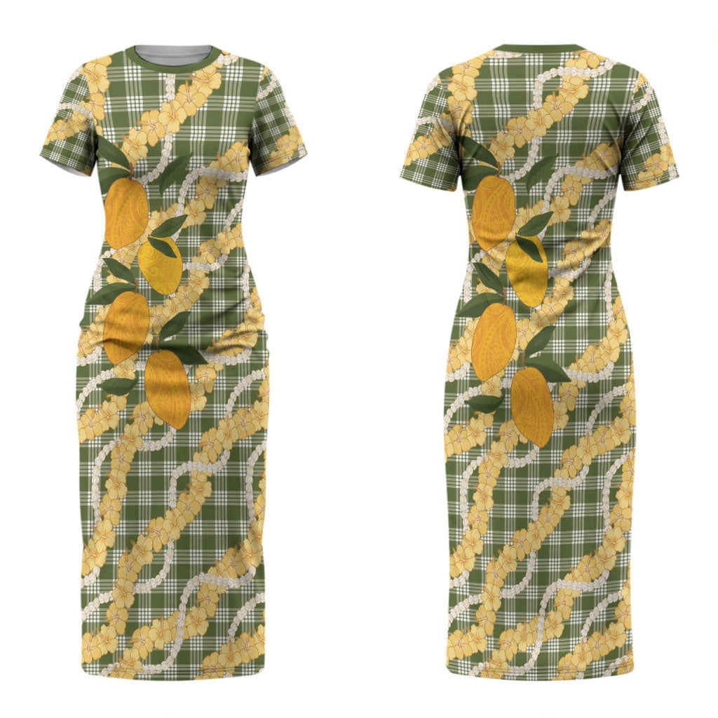 Uliuli Ahiahia Hawaiian Mango Palaka Couples Matching Short Sleeve Bodycon Dress and Hawaiian Shirt Aloha Hibiscus Pikake Lei