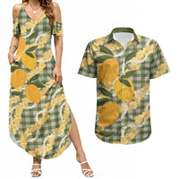 Uliuli Ahiahia Hawaiian Mango Palaka Couples Matching Summer Maxi Dress and Hawaiian Shirt Aloha Hibiscus Pikake Lei