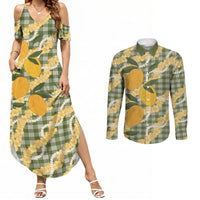 Uliuli Ahiahia Hawaiian Mango Palaka Couples Matching Summer Maxi Dress and Long Sleeve Button Shirt Aloha Hibiscus Pikake Lei