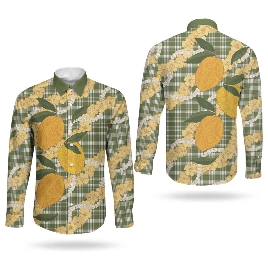 Uliuli Ahiahia Hawaiian Mango Palaka Couples Matching Summer Maxi Dress and Long Sleeve Button Shirt Aloha Hibiscus Pikake Lei