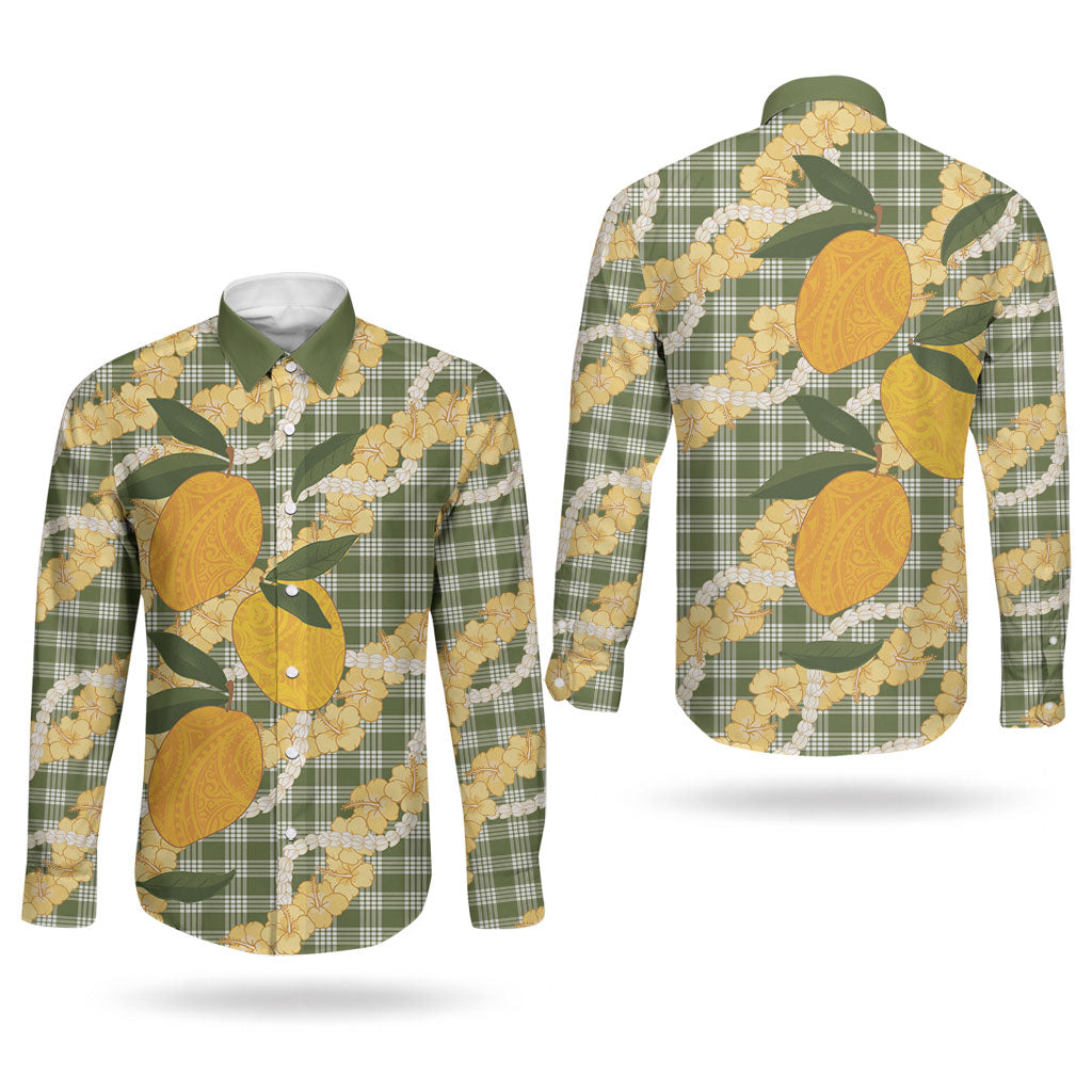 Uliuli Ahiahia Hawaiian Mango Palaka Couples Matching Tank Maxi Dress and Long Sleeve Button Shirt Aloha Hibiscus Pikake Lei