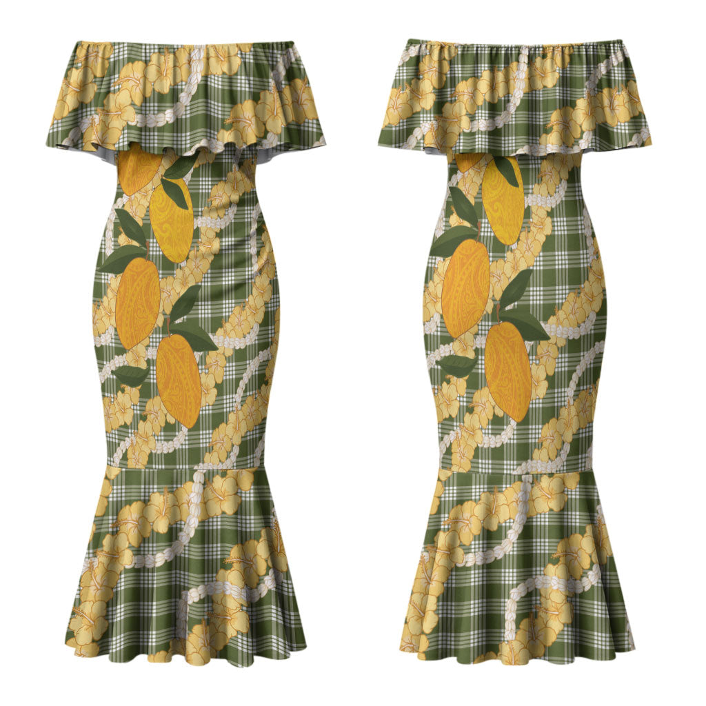 Uliuli Ahiahia Hawaiian Mango Palaka Family Matching Mermaid Dress and Hawaiian Shirt Aloha Hibiscus Pikake Lei