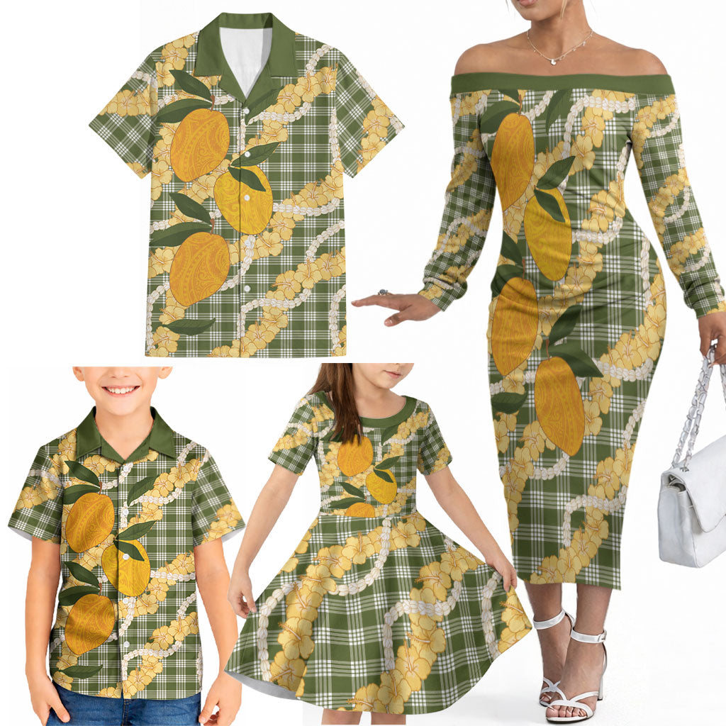 Uliuli Ahiahia Hawaiian Mango Palaka Family Matching Off The Shoulder Long Sleeve Dress and Hawaiian Shirt Aloha Hibiscus Pikake Lei