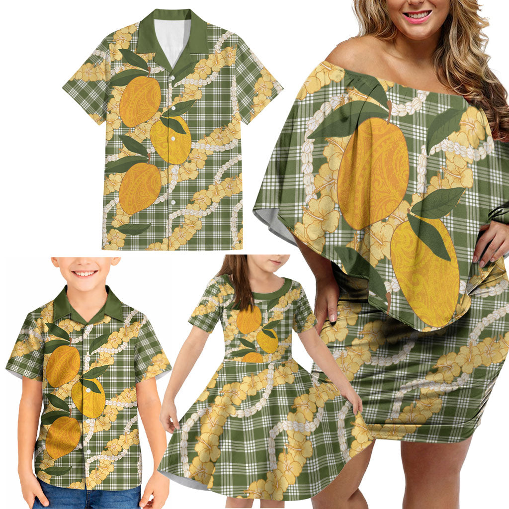 Uliuli Ahiahia Hawaiian Mango Palaka Family Matching Off Shoulder Short Dress and Hawaiian Shirt Aloha Hibiscus Pikake Lei