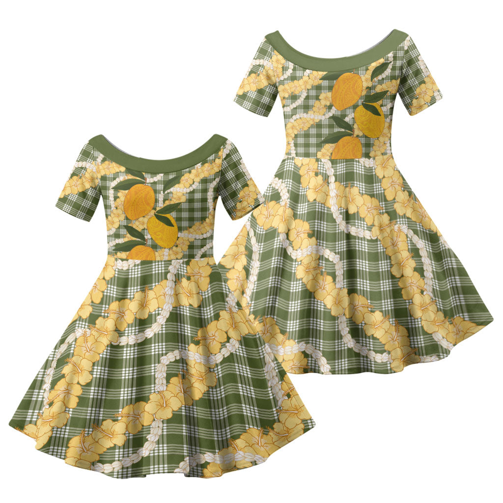 Uliuli Ahiahia Hawaiian Mango Palaka Family Matching Off Shoulder Short Dress and Hawaiian Shirt Aloha Hibiscus Pikake Lei