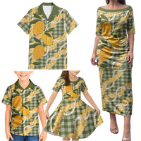 Uliuli Ahiahia Hawaiian Mango Palaka Family Matching Puletasi and Hawaiian Shirt Aloha Hibiscus Pikake Lei