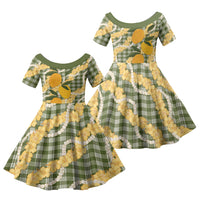 Uliuli Ahiahia Hawaiian Mango Palaka Family Matching Puletasi and Hawaiian Shirt Aloha Hibiscus Pikake Lei
