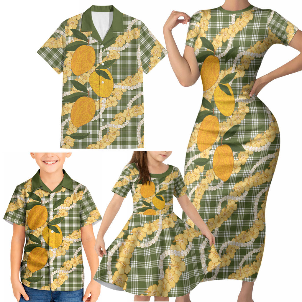 Uliuli Ahiahia Hawaiian Mango Palaka Family Matching Short Sleeve Bodycon Dress and Hawaiian Shirt Aloha Hibiscus Pikake Lei