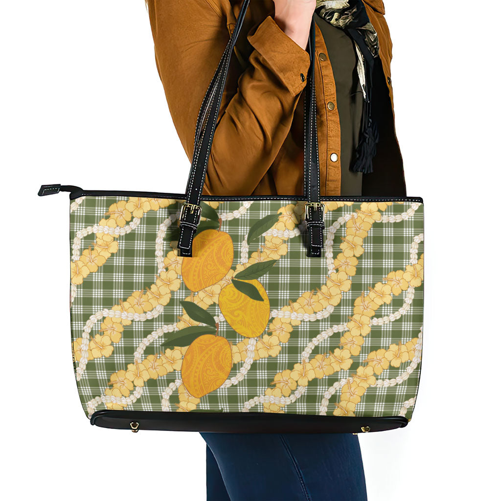 Uliuli Ahiahia Hawaiian Mango Palaka Leather Tote Bag Aloha Hibiscus Pikake Lei