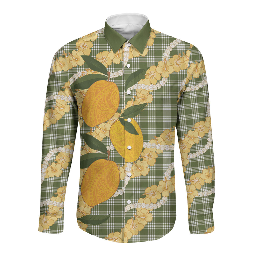 Uliuli Ahiahia Hawaiian Mango Palaka Long Sleeve Button Shirt Aloha Hibiscus Pikake Lei