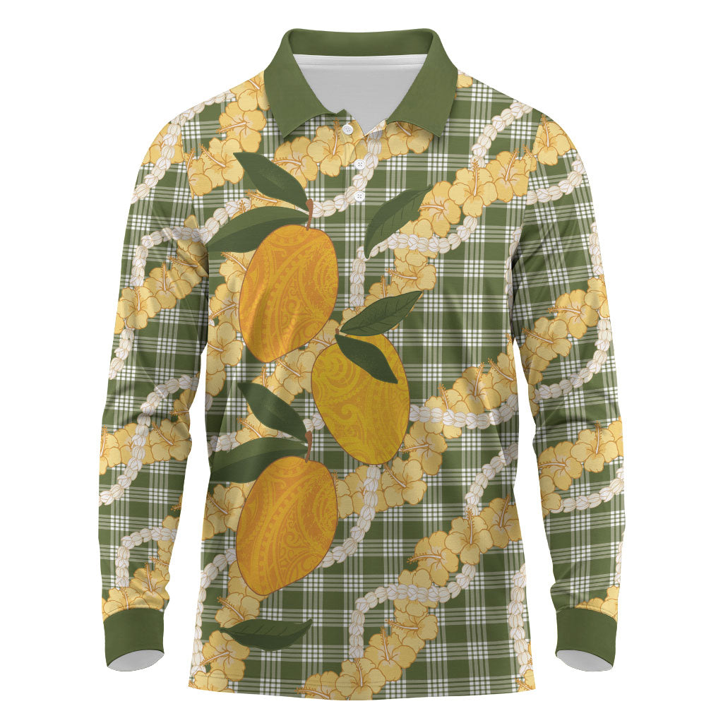 Uliuli Ahiahia Hawaiian Mango Palaka Long Sleeve Polo Shirt Aloha Hibiscus Pikake Lei
