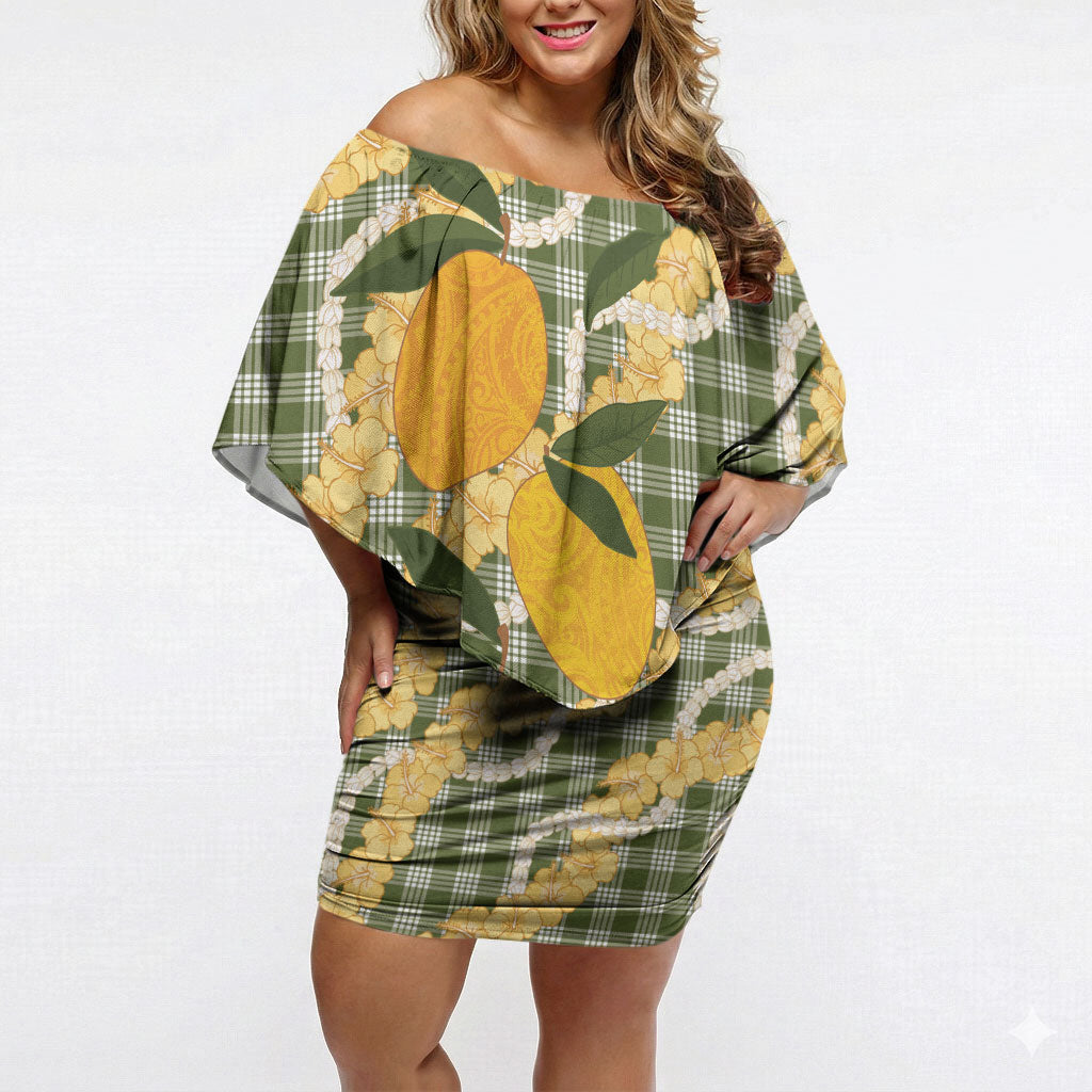 Uliuli Ahiahia Hawaiian Mango Palaka Off Shoulder Short Dress Aloha Hibiscus Pikake Lei
