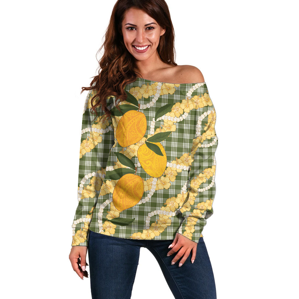 Uliuli Ahiahia Hawaiian Mango Palaka Off Shoulder Sweater Aloha Hibiscus Pikake Lei