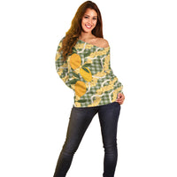 Uliuli Ahiahia Hawaiian Mango Palaka Off Shoulder Sweater Aloha Hibiscus Pikake Lei