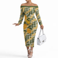Uliuli Ahiahia Hawaiian Mango Palaka Off The Shoulder Long Sleeve Dress Aloha Hibiscus Pikake Lei