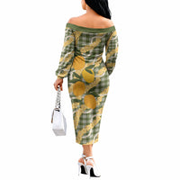 Uliuli Ahiahia Hawaiian Mango Palaka Off The Shoulder Long Sleeve Dress Aloha Hibiscus Pikake Lei
