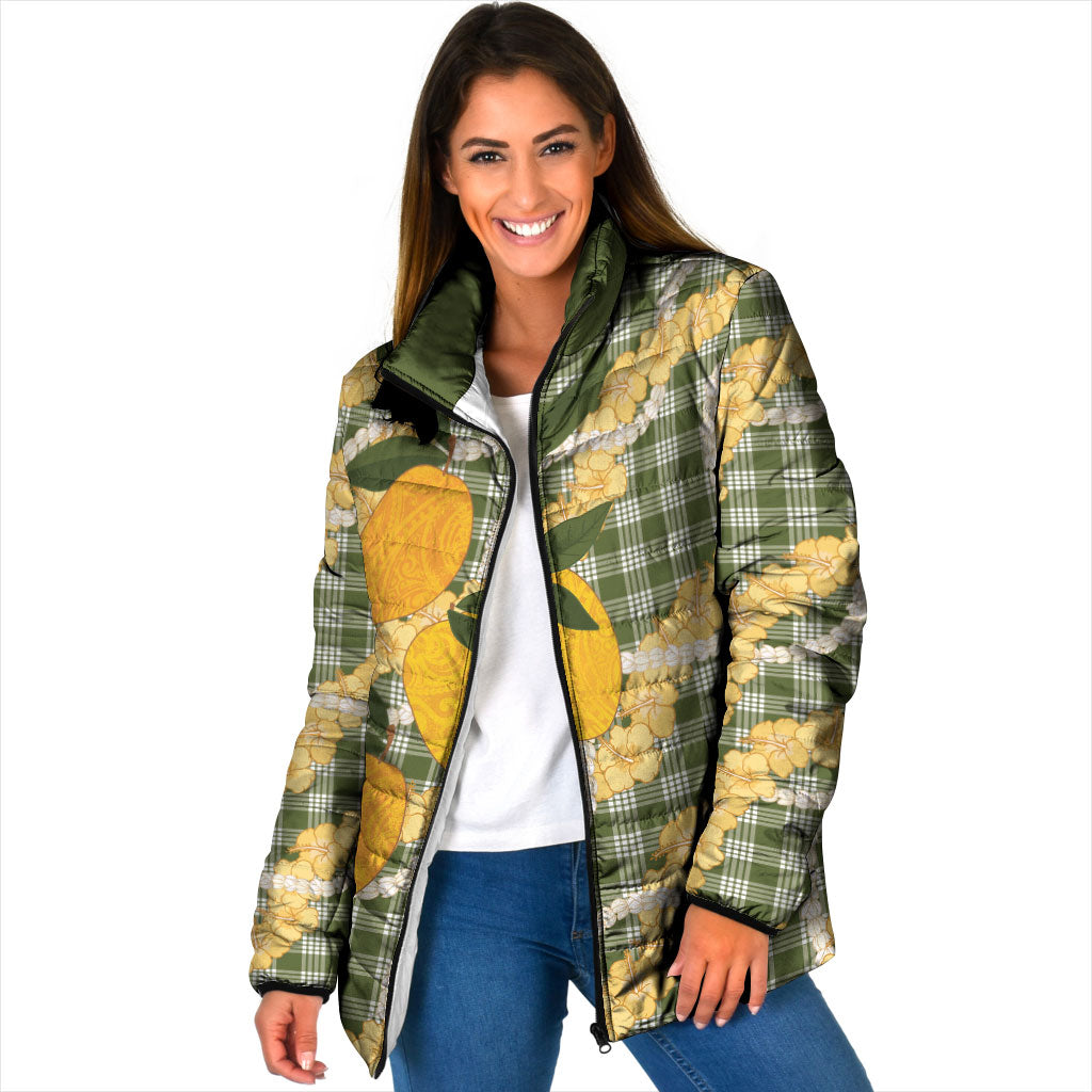 Uliuli Ahiahia Hawaiian Mango Palaka Padded Jacket Aloha Hibiscus Pikake Lei