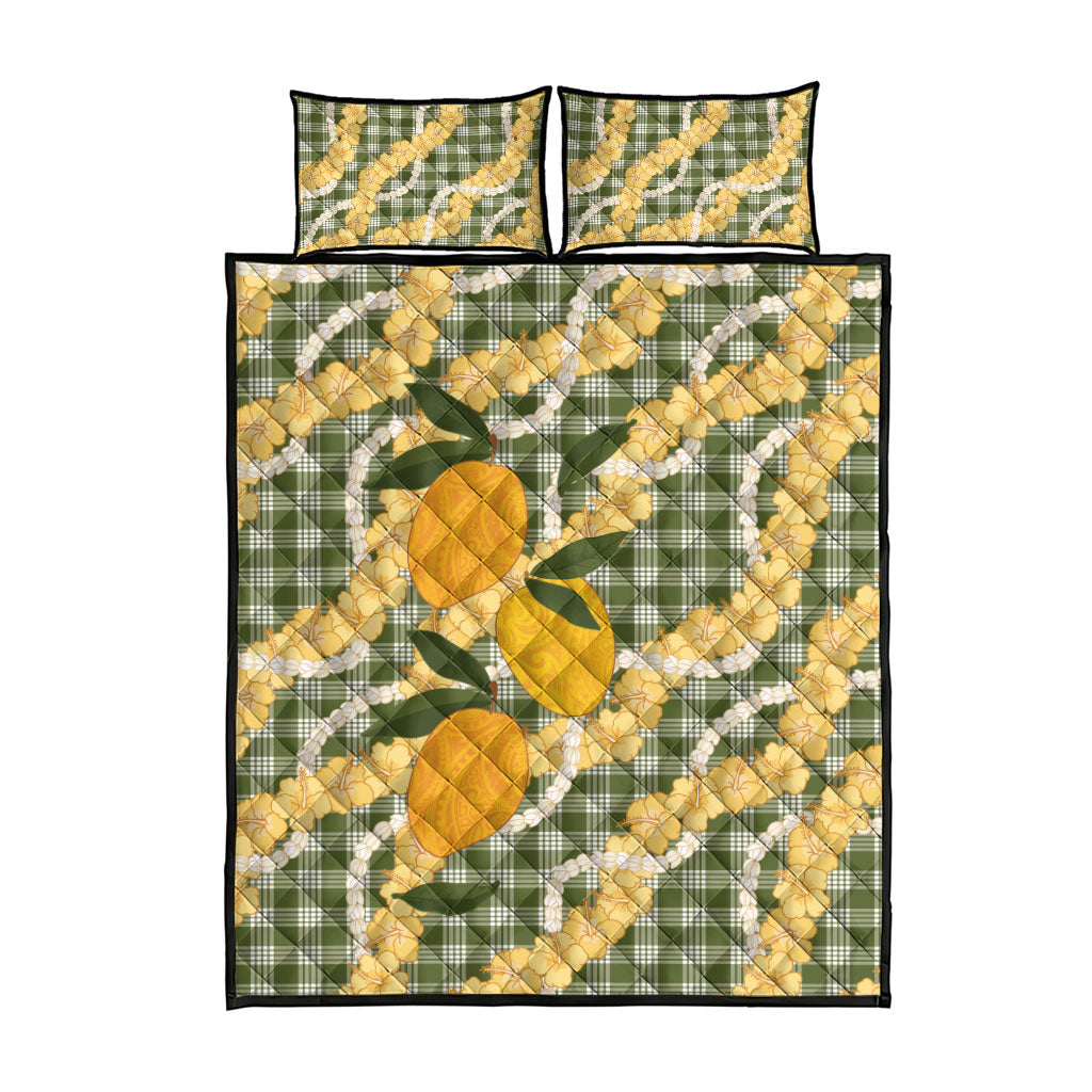 Uliuli Ahiahia Hawaiian Mango Palaka Quilt Bed Set Aloha Hibiscus Pikake Lei