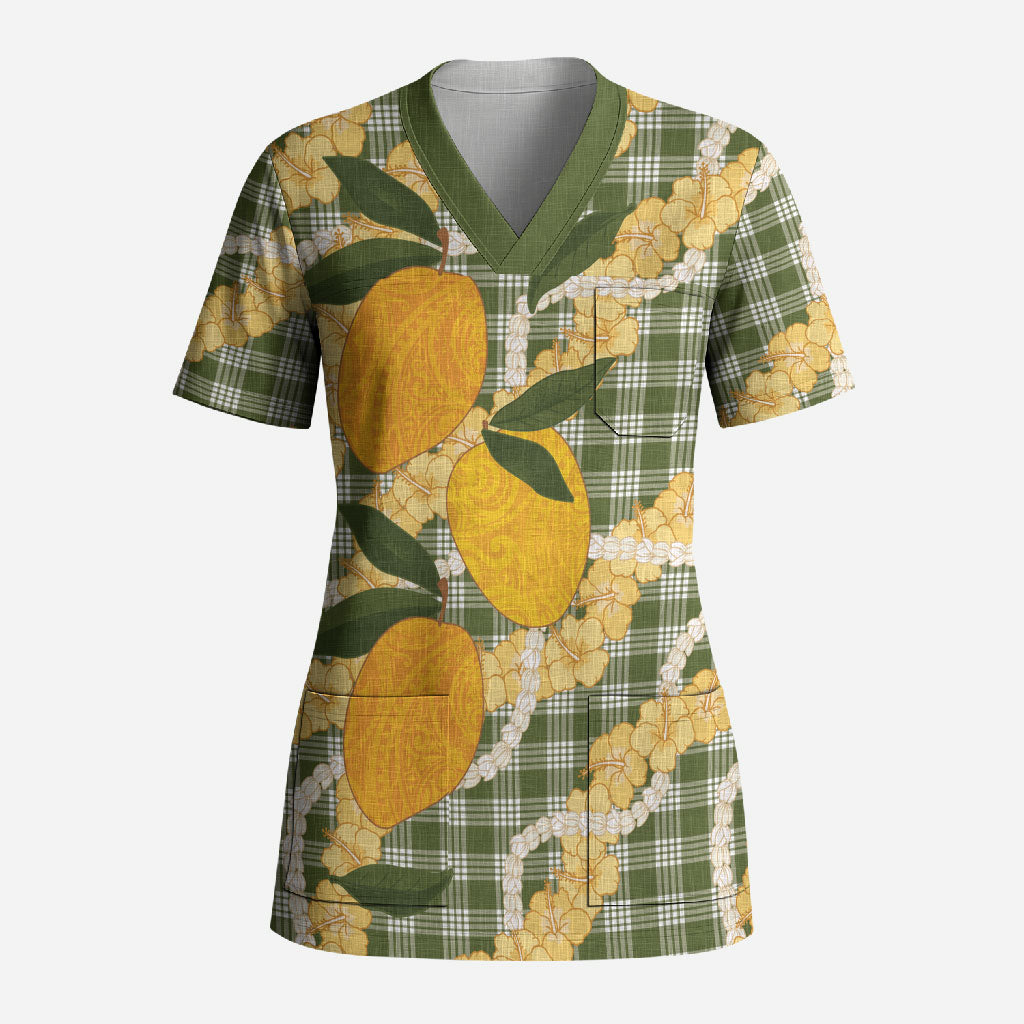 Uliuli Ahiahia Hawaiian Mango Palaka Scrub Top Aloha Hibiscus Pikake Lei