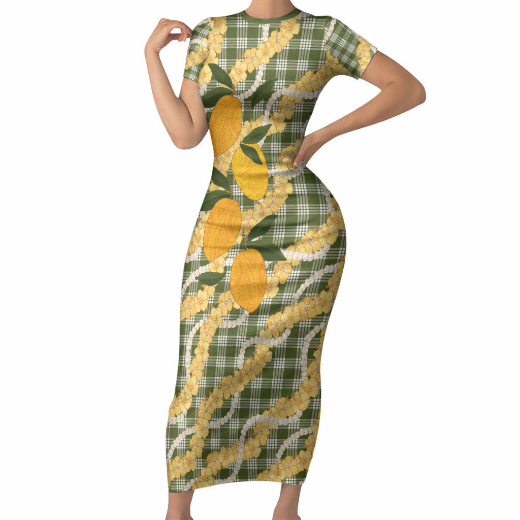 Uliuli Ahiahia Hawaiian Mango Palaka Short Sleeve Bodycon Dress Aloha Hibiscus Pikake Lei