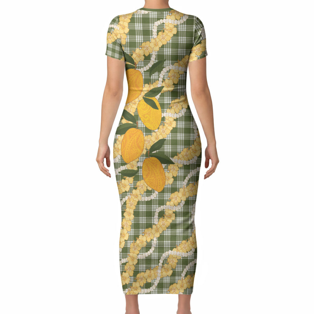 Uliuli Ahiahia Hawaiian Mango Palaka Short Sleeve Bodycon Dress Aloha Hibiscus Pikake Lei