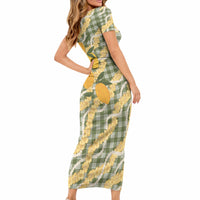 Uliuli Ahiahia Hawaiian Mango Palaka Short Sleeve Bodycon Dress Aloha Hibiscus Pikake Lei