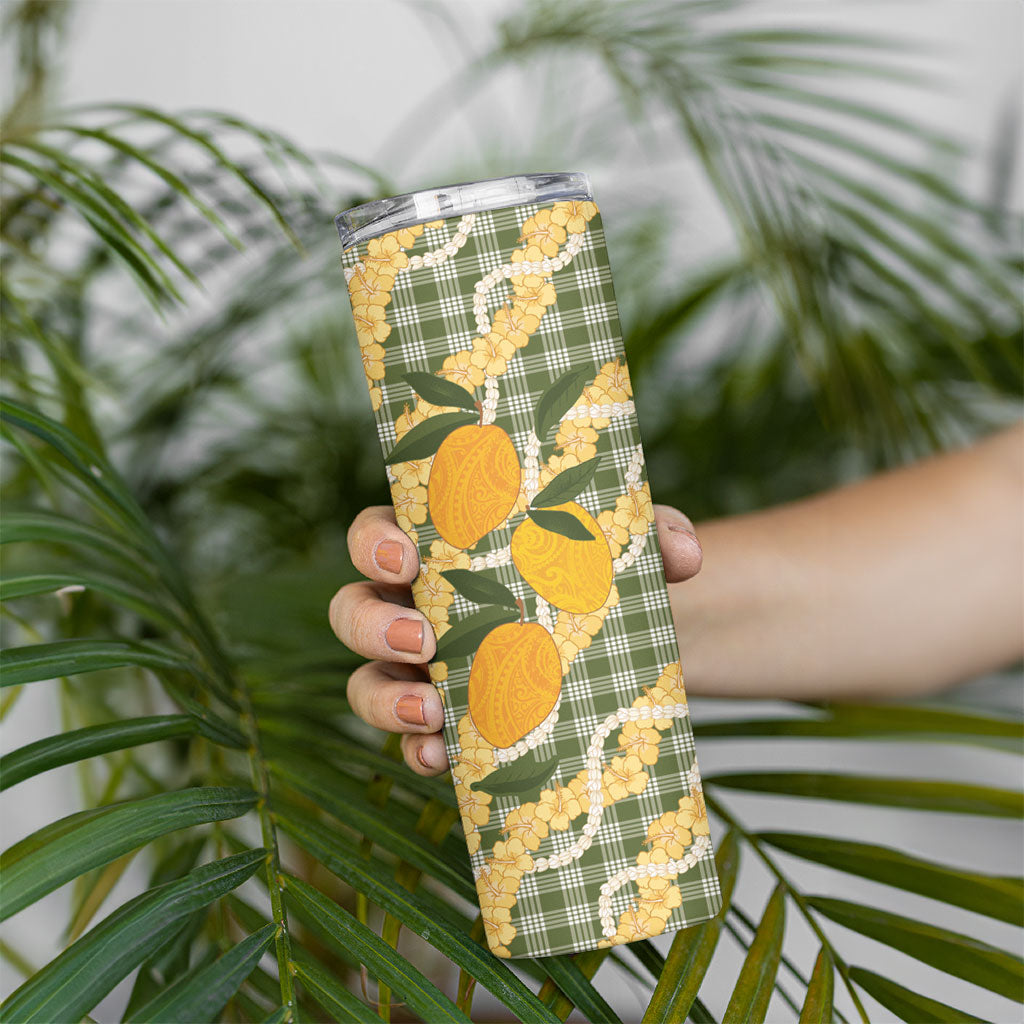 Uliuli Ahiahia Hawaiian Mango Palaka Skinny Tumbler Aloha Hibiscus Pikake Lei