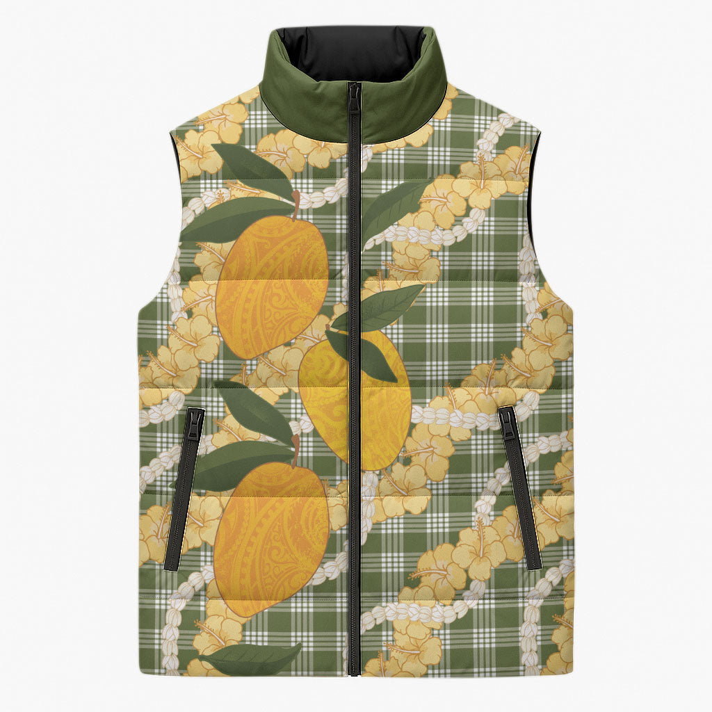 Uliuli Ahiahia Hawaiian Mango Palaka Sleeveless Puffer Jacket Aloha Hibiscus Pikake Lei