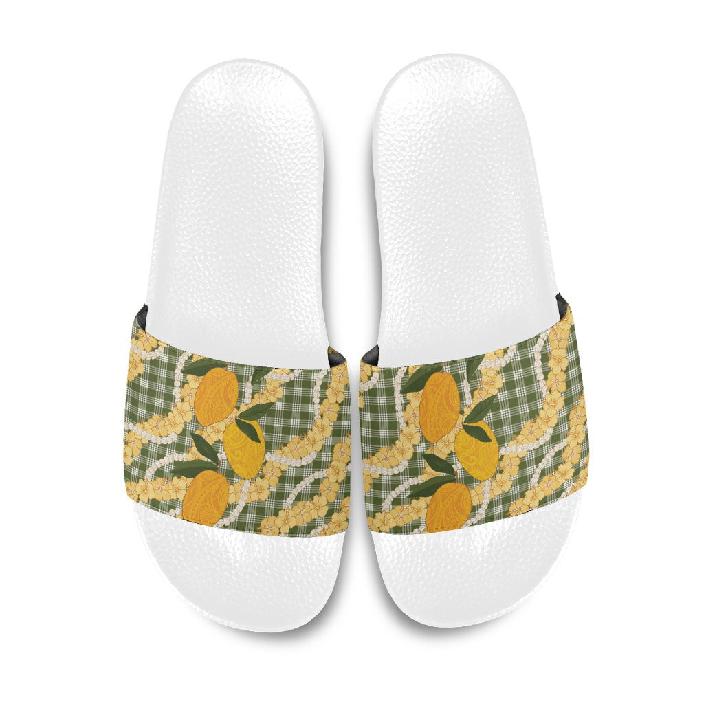 Uliuli Ahiahia Hawaiian Mango Palaka Slide Sandals Aloha Hibiscus Pikake Lei