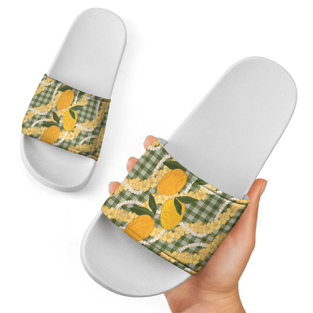 Uliuli Ahiahia Hawaiian Mango Palaka Slide Sandals Aloha Hibiscus Pikake Lei