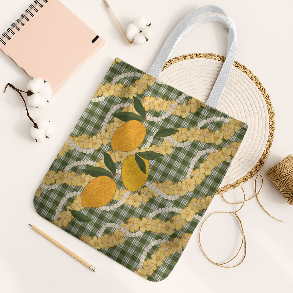 Uliuli Ahiahia Hawaiian Mango Palaka Tote Bag Aloha Hibiscus Pikake Lei